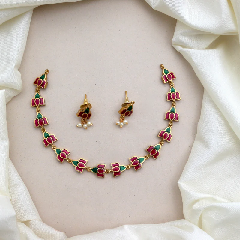 Enamel Lotus Necklace set
